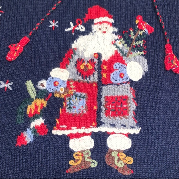 Belle Pointe Vintage Christmas Santa Sweater Sz M Navy Tassels Embroidery EUC - Picture 2 of 9
